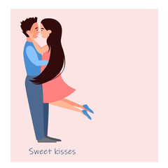 A postcard of a couple in love. Valentines Day, hearts, flat cartoon characters. Vector illustration.