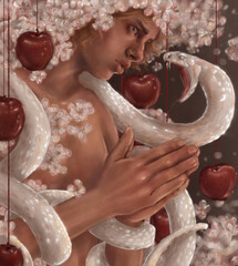  man in flowers and fruits of an apple tree prays looking at the attacking snake, confronting sin - obrazy, fototapety, plakaty