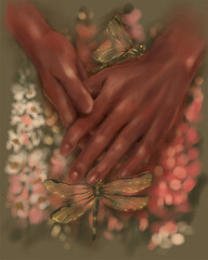 
beautiful hands on the background of spring flowers and dragonflies - 437725945