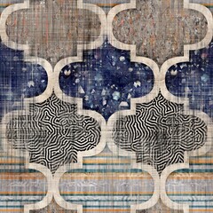 Seamless Moroccan inspired highly textured pattern for surface print. High quality illustration. Stylized chic ornate ogee or quatrefoil pattern. Luxury ornamental oriental symmetric shape repeat.