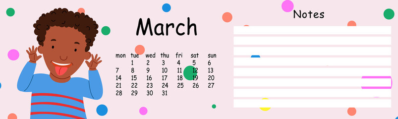 Glider wall calendar template for the year 2022 month of March. A cute child makes a grimace, shows his tongue. The week starts on Mondays. Flat cartoon style.
