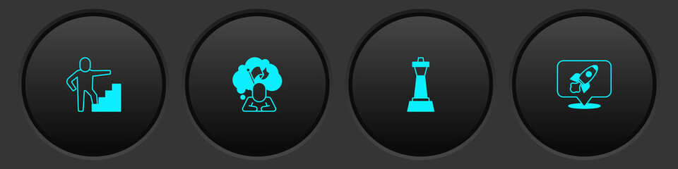 Set Stair with finish flag, Man holding, Chess and Rocket ship icon. Vector