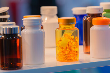 Big Set of Sport Nutrition Containers. Plastic Jars package and drink bottle.