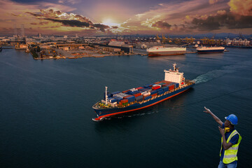 container ship sailing in the sea commercial port of international and over the sunlight background