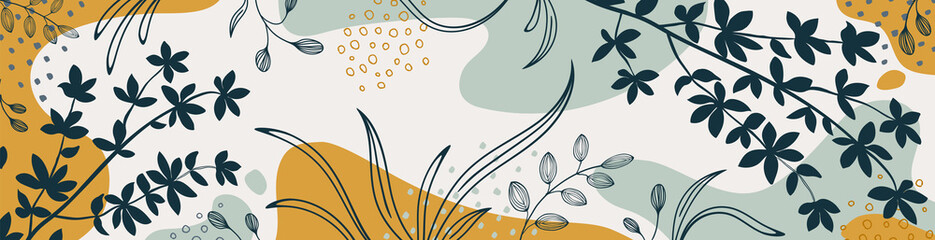 Botanical banner with organic shapes, leaves, branch and plants. Abstract natural elements in trendy doodle style for holiday, business. Simple, minimal design. Modern trendy vector background