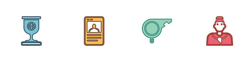 Set Award cup with baseball ball, Baseball card, Whistle and coach icon. Vector