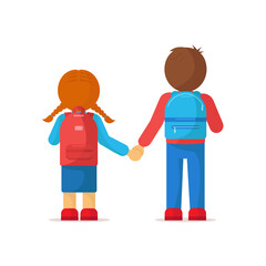 Boy and girl with backpacks hold hands. Poster with students, children, backpacks. Schoolboys going to school with backpack. Back to school. Vector illustration isolated on white background