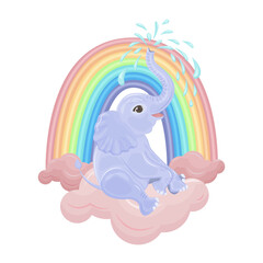 Cute bright children s illustration. A cute blue baby elephant sits on a pink cloud near a rainbow and lets out a fountain of water from its trunk. Color children s print illustration. Vector on white