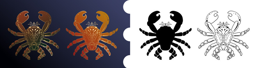 Crab on a blue and white background. Silhouette black and gold. Set of vector illustrations of seafood.
