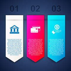 Set Bank building, Credit card and Hand giving money. Business infographic template. Vector