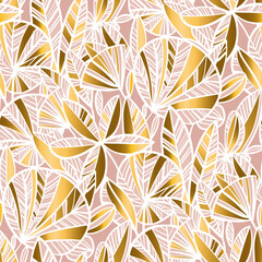 .Gold and pale rose tropical leaves seamless pattern
