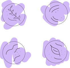Vector hand painted graphic illustration with four icons set with purple brush strokes, circle and black contour paintings for highlights design