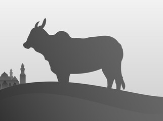Happy Eid al-Adha with the appearance of a sacrificial cow and a mosque in the distance