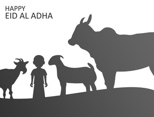 Happy Eid al-Adha in black display with a qurban animal object and a Muslim shepherd