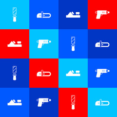 Set Rasp metal file, Chainsaw, Wood plane tool and Electric cordless screwdriver icon. Vector