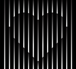 Abstract unusual heart sign logo on geometric black and white gradient stripes background. Luxury stripe pattern. Vector seamless fabric texture.