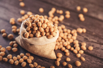 pile of textured Soya Chunks or Meal Maker in jute bag
