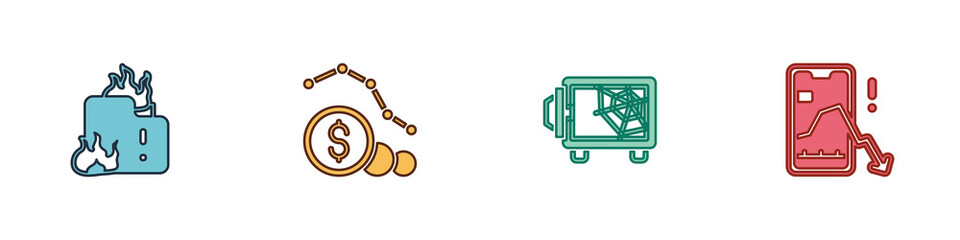Set Fire in burning house, Dollar rate decrease, Safe and Mobile stock trading icon. Vector