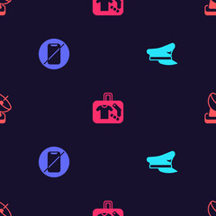 Set Pilot hat, No cell phone, Suitcase and Radar on seamless pattern. Vector