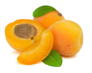 Sweet ripe apricots and apricot slices isolated on white background. Fresh fruits.