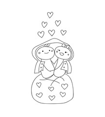 two people in love are sitting with their arms around each other and holding hands, they are covered with one jacket. hearts fly above them. cartoon art