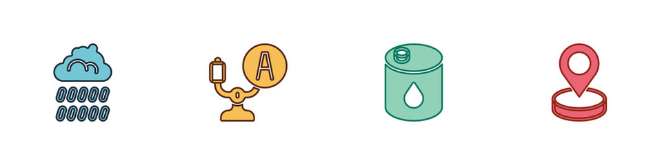 Set Cloud with rain, Aircraft steering helm, Barrel oil and Location icon. Vector