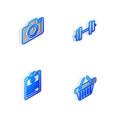Set Isometric line Dumbbell, Photo camera, Clinical record and Shopping basket icon. Vector