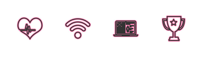 Set line Heart rate, Medical clinical record, Wi-Fi wireless network and Trophy cup icon. Vector