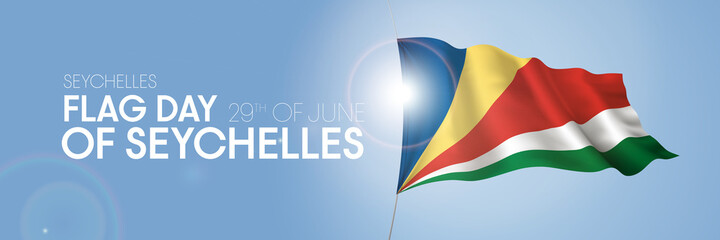 Seychelles happy flag day greeting card, banner with template text vector illustration. Memorial holiday 29th of June design element with 3D flag with cross