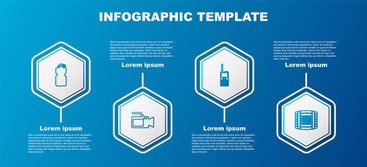 Set line Sport bottle with water, Cinema camera, Walkie talkie and Wooden barrel rum. Business infographic template. Vector