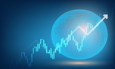 Global market trends in cryptocurrencies or rising stocks trading exchange background Up arrow chart to increase rates Cryptocurrency price chart and blockchain technology The world economy is booming
