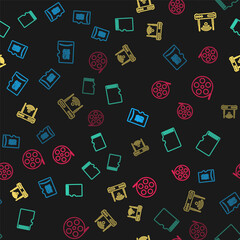 Set line Micro SD memory card, , Router and wi-fi and Film reel on seamless pattern. Vector