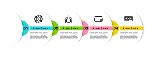 Set line Gear and arrows as workflow, Plane, Credit card and Cash back. Business infographic template. Vector