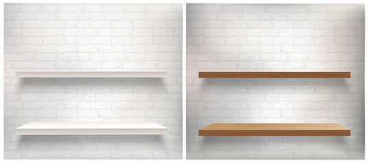Vector collection of empty shelves. Vector mockup with white and brown wooden shelves. Light and brick wall 