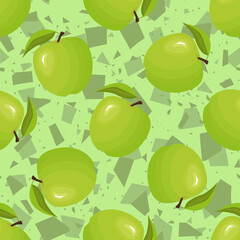 Green apple seamless pattern. Ripe fruits on an abstract background for textile print, fabric. Endless apple pattern with shapeless geometric shapes on green. Vector illustration.