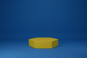 Yellow hexagon pedestal empty on blue background. 3D rendering podium for product demonstration.