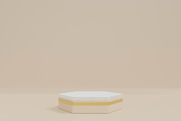 Pedestal hexagon white marble top empty on beige background. 3D rendering podium for product demonstration.