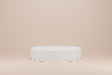 White pedestal round empty on light beige background. 3D rendering circle podium for product demonstration.