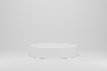 White pedestal round empty on white background. 3D rendering circle podium for product demonstration.