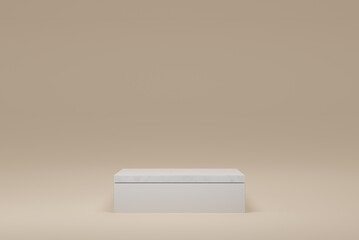 Pedestal rectangle white white marble top empty on beige background. 3D rendering podium for product demonstration.