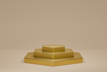 Gold pedestal hexagon empty on beige background. 3D rendering podium for product demonstration.