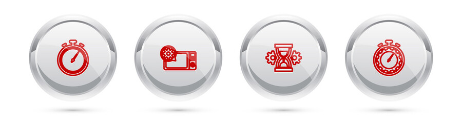 Set line Stopwatch, Microwave oven setting, Hourglass and Time management. Silver circle button. Vector