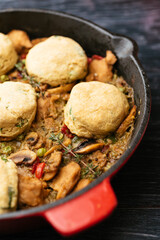 Mushroom Chickun, and Pea Skillet with Vegan Cheddar and Wild Garlic Biscuits