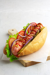 Hot dog on light background. Fast food