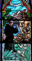 Fr. Marscardi preaches to the Natives, stain glass