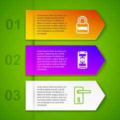 Set line Lock VPN, Mobile and eye scan, Door handle and Bezier curve. Business infographic template. Vector