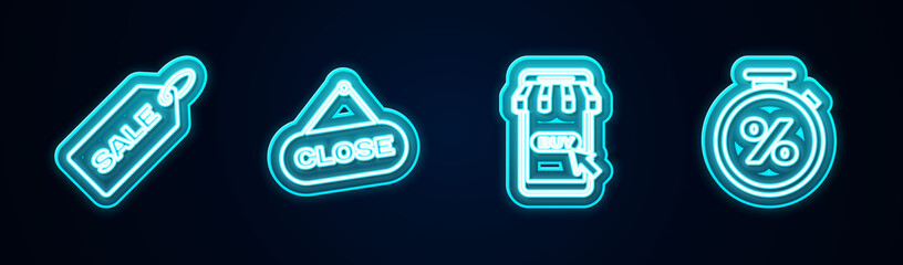 Set line Price tag with Sale, Hanging sign Close, Mobile and shopping cart and Stopwatch percent. Glowing neon icon. Vector