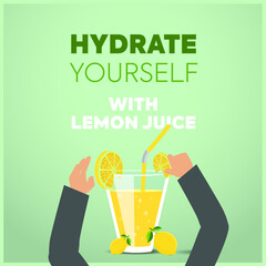 hydrate yourself. hydrate yourself with fresh lemonade. man adding  slice of  lemon in a glass of lemonade. lemon juice in a glass with bubbles and straw. stay hydrated, summers drink