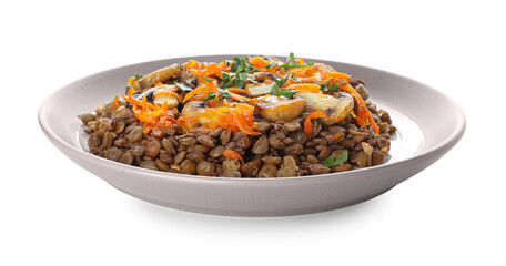 Plate with tasty cooked lentils and mushrooms on white background