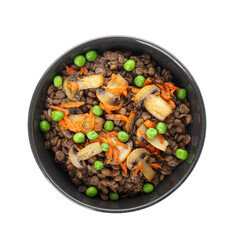 Bowl of tasty cooked lentils and mushrooms on white background